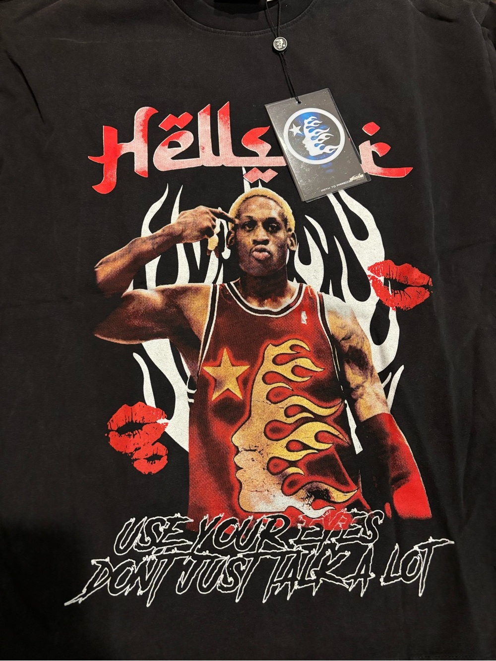 Men's Black Graphic Tee with Red Flame Basketball Motif